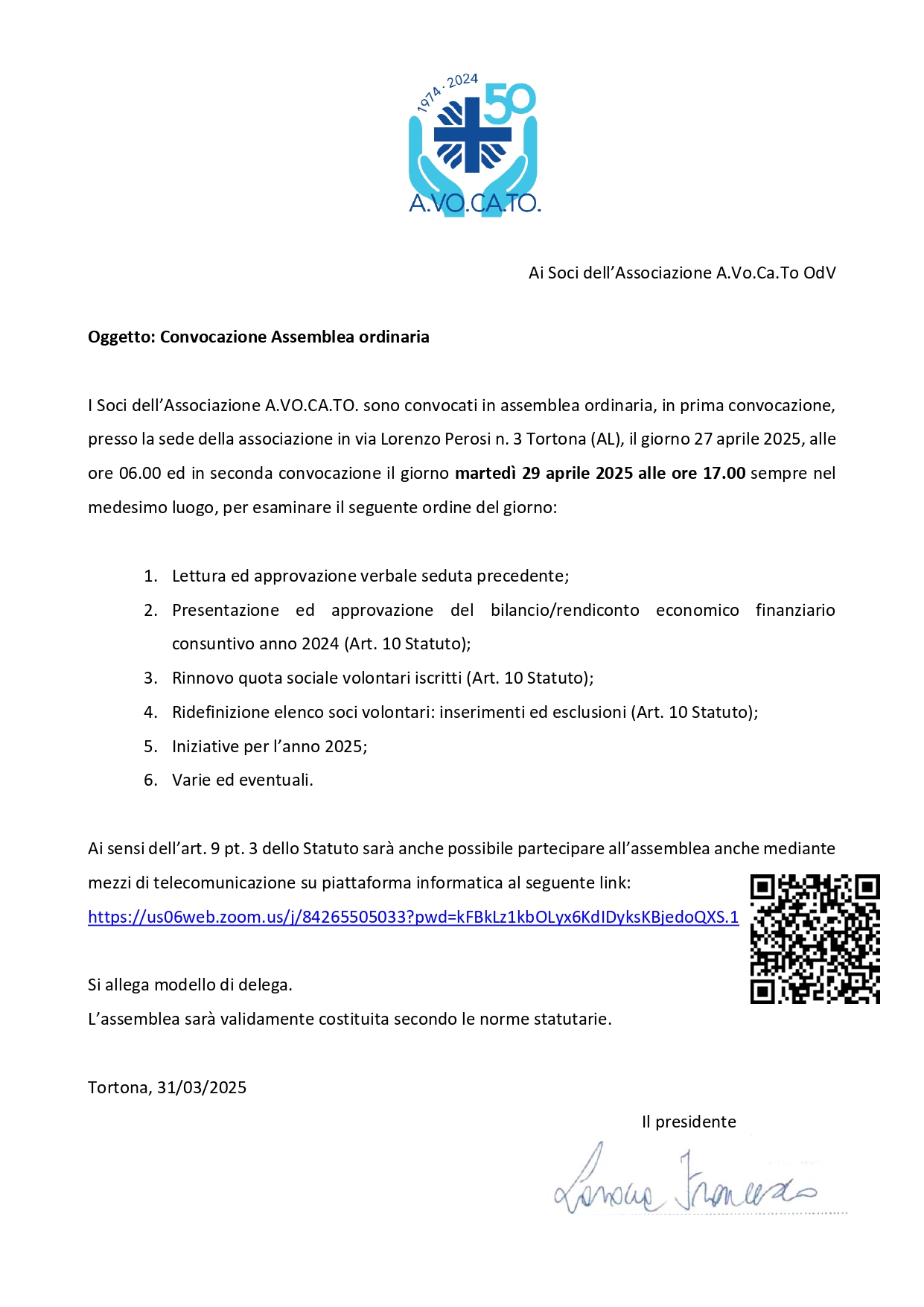 CONVOCAZIONE ASSEMBELA ORDINARIA A.VO.CA.TO ODV